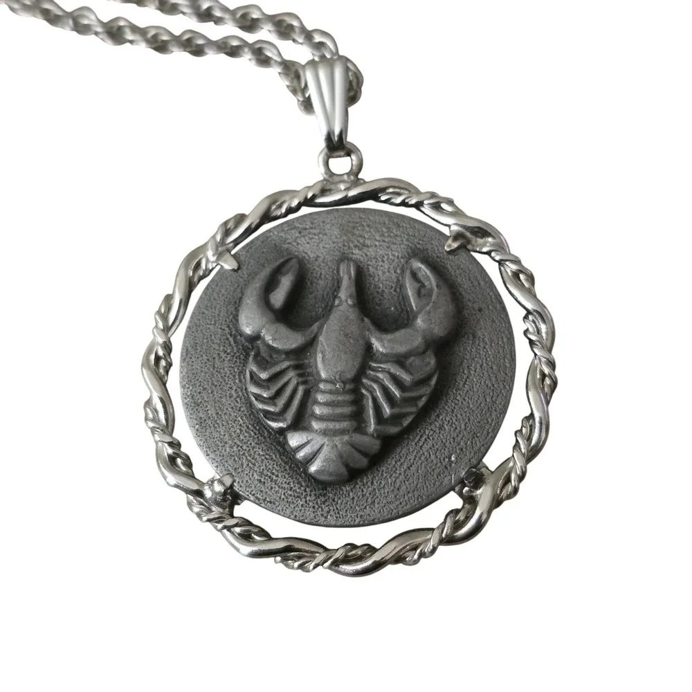 Vintage Cancer Zodiac Pendant Necklace Anson Pewter Silver Tone 24